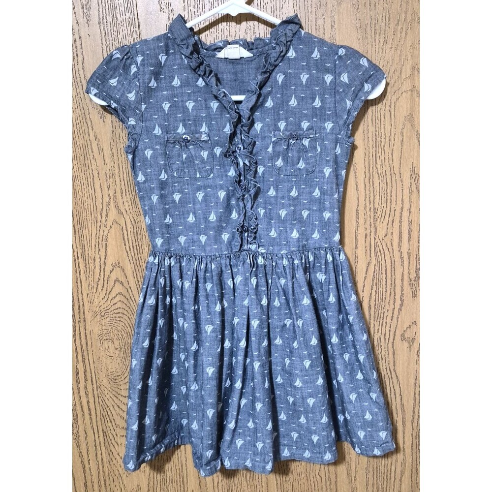 Lands' End Girls Blue Cotton Denim Ruffled Dress Cuff Sleeve Sailboat Print Sz 6